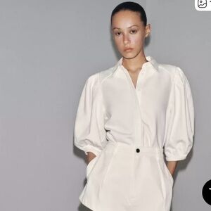 NWOT Zara Denim White Puff Sleeve Blouse size M